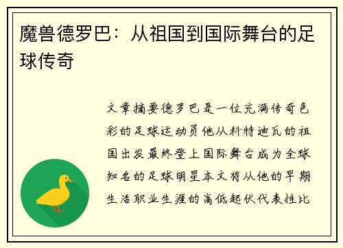 魔兽德罗巴：从祖国到国际舞台的足球传奇